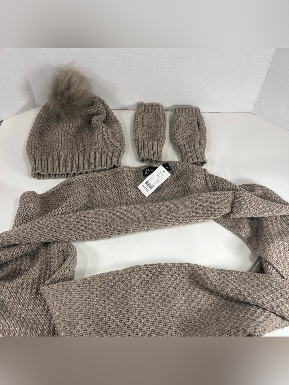 Cozy Taupe Knit Hat, Scarf & Mittens Set - Women Accessories